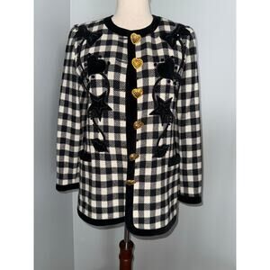 Vintage ESCADA Black & White Gingham Wool Blazer Heart Button Embellished Jacket